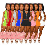 Solid Hooded Sleeveless Zipper Two Piece Shorts Set IV-8287