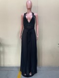 Chiffon Black Halter Backless Pleated Maxi Dress OLYF-96091