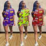 Plus Size Letter Print Two Piece Shorts Set GCNF-0015