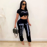 Letter Print Short Sleeve 2 Piece Pants Set GCNF-0033