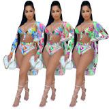 Fashion Sexy Print Cloak Bikini Swimsuit Three-piece Set GDYF-6991