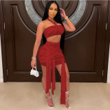 Sexy Tube Top Tie Up See-Through Mesh Mini Skirt Suit GDYF-6997