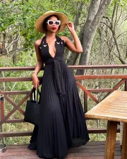 Chiffon Black Halter Backless Pleated Maxi Dress OLYF-96091