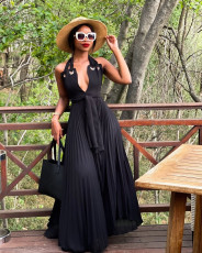 Chiffon Black Halter Backless Pleated Maxi Dress OLYF-96091