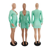 Solid Color V-Neck Sexy Long Sleeve Ruffle Dress GDYF-6946