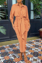Solid Long Sleeve Folds Long Shirt Dress OMY-81003