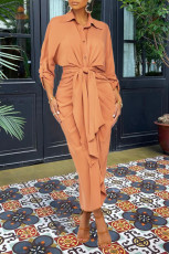 Solid Long Sleeve Folds Long Shirt Dress OMY-81003
