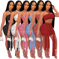 Sexy Tube Top Tie Up See-Through Mesh Mini Skirt Suit GDYF-6997