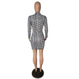 Geometric Print Long Sleeve Slim Mini Dress LUO-3213
