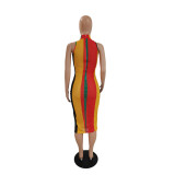 Sheer Sexy Mesh Striped Print Sleeveless Midi Dress GDYF-6994