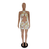 Sexy Print Drawstring Backless Mini Dress GDYF-6993