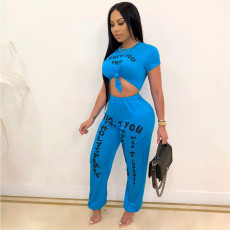 Letter Print Short Sleeve 2 Piece Pants Set GCNF-0033