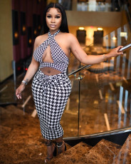 Houndstooth Print Halter Hollow Out Midi Dress MDF-5289