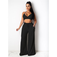 Solid Color Fashion Halter Neck Top Wide-leg Pants 2 Piece Sets GDYF-6966