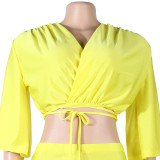 Yellow V Neck Crop Top And Pants 2 Piece Sets NY-2336