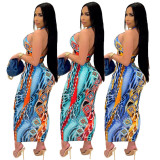 Sexy Print Halterneck Crop Top And Skirt Two Piece Sets GDYF-6666