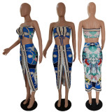 Sexy Print Smocked Lace-up Tube Top Skirt Suits GDYF-6670