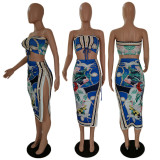 Sexy Print Smocked Lace-up Tube Top Skirt Suits GDYF-6670