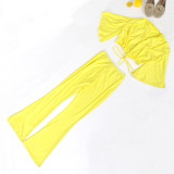 Yellow V Neck Crop Top And Pants 2 Piece Sets NY-2336