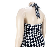 Plus Size Houndstooth Print Halter Backless Midi Dress ASL-7075
