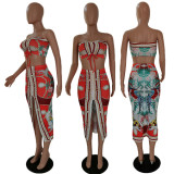 Sexy Print Smocked Lace-up Tube Top Skirt Suits GDYF-6670