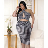 Plus Size Houndstooth Print Halter Backless Midi Dress ASL-7075