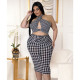 Plus Size Houndstooth Print Halter Backless Midi Dress ASL-7075