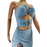 Sexy Strapless Hollow Out Drawstring Maxi Dress JZHF-8101