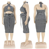 Plus Size Houndstooth Print Halter Backless Midi Dress ASL-7075
