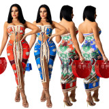 Sexy Print Smocked Lace-up Tube Top Skirt Suits GDYF-6670