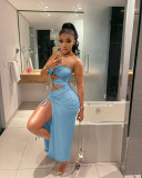 Sexy Strapless Hollow Out Drawstring Maxi Dress JZHF-8101