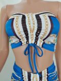 Sexy Print Smocked Lace-up Tube Top Skirt Suits GDYF-6670