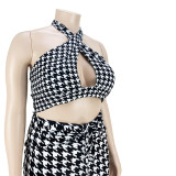 Plus Size Houndstooth Print Halter Backless Midi Dress ASL-7075
