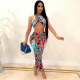 Sexy Print Halterneck Crop Top And Skirt Two Piece Sets GDYF-6666