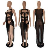 Sexy Mesh Solid Color Tie Up Nightclub Dress GDYF-6661