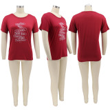 Plus Size Letter Print Short Sleeve O Neck T-Shirt HNIF-MM059