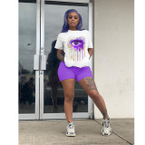 Plus Size Casual Eyes Print Short Sleeve Shorts 2 Piece Sets GDYF-6602