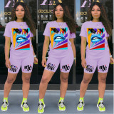 Plus Size Casual Print Short Sleeve Shorts Two Piece Sets GDYF-6603