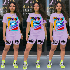 Plus Size Casual Print Short Sleeve Shorts Two Piece Sets GDYF-6603