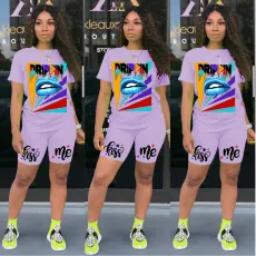 Plus Size Casual Print Short Sleeve Shorts Two Piece Sets GDYF-6603