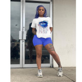 Plus Size Casual Eyes Print Short Sleeve Shorts 2 Piece Sets GDYF-6602