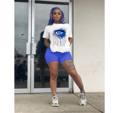 Plus Size Casual Eyes Print Short Sleeve Shorts 2 Piece Sets GDYF-6602