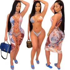 Sexy Print Lace-Up Swimsuit Bikini Three Piece GDYF-6641 
