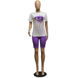 Plus Size Casual Eyes Print Short Sleeve Shorts 2 Piece Sets GDYF-6602