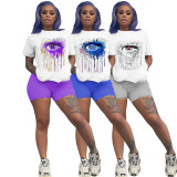 Plus Size Casual Eyes Print Short Sleeve Shorts 2 Piece Sets GDYF-6602
