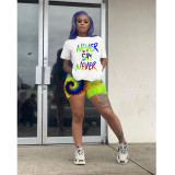 Plus Size Casual Letter Print Short Sleeve Shorts Two Piece Sets GDYF-6607