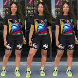 Plus Size Casual Print Short Sleeve Shorts Two Piece Sets GDYF-6603