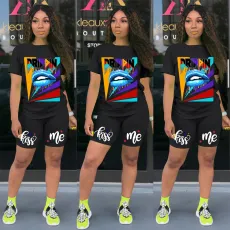 Plus Size Casual Print Short Sleeve Shorts Two Piece Sets GDYF-6603