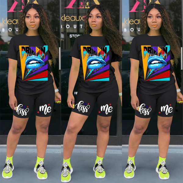 Plus Size Casual Print Short Sleeve Shorts Two Piece Sets GDYF-6603