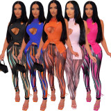 Sexy Hollow Out Sleeveless Top+Printed Pants 2 Piece Sets ASL-6560